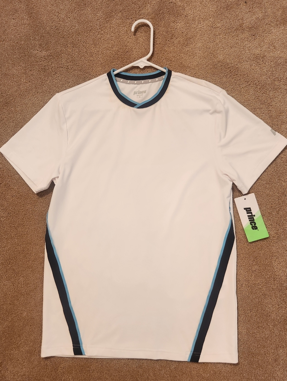 Prince White Athletic Short Sleeve Shirt w/ Light Blue & Navy Trim, Size: Small